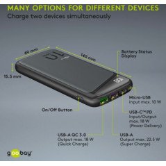 Portabla batterier - Goobay snabbladdande PowerBank batteri på 10.000mAh med USB-C PD 18W, QC 3.0