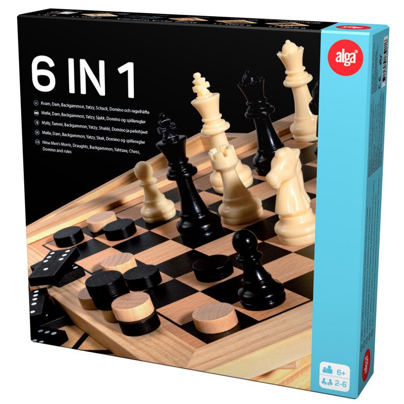 Spel & minispel - 6 i 1 Spel från Alga (Schack, Dam, Backgammon, Domino, Kvarn och Yatzy)