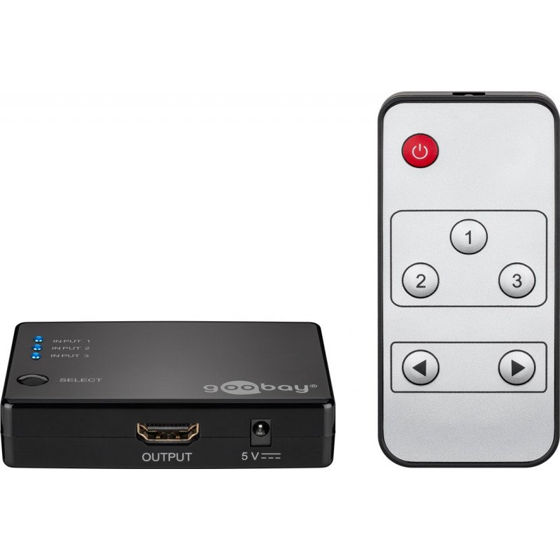 Skärmkabel & skärmadapter - HDMI-switch för 3 enheter med fjärrkontroll från Goobay