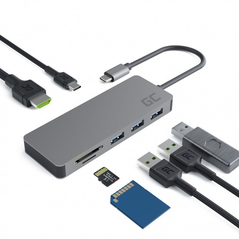 USB-C-dockingstation - GreenCell USB-C dockningsstation till USB-C-, HDMI- (4K), USB 3.0, USB 2.0 samt SD-kort