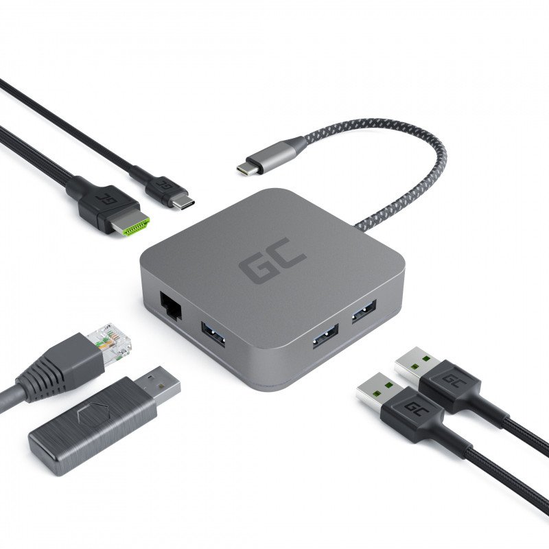 USB-C-dockingstation - GreenCell GC-HUB2 USB-C-hub med USB-C, HDMI (4K), USB 3.0 og Ethernet