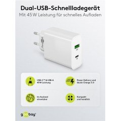 USB-C Laddare - Goobay Strömadapter med Dual USB PD 45W Quick Charge QC3.0 3A