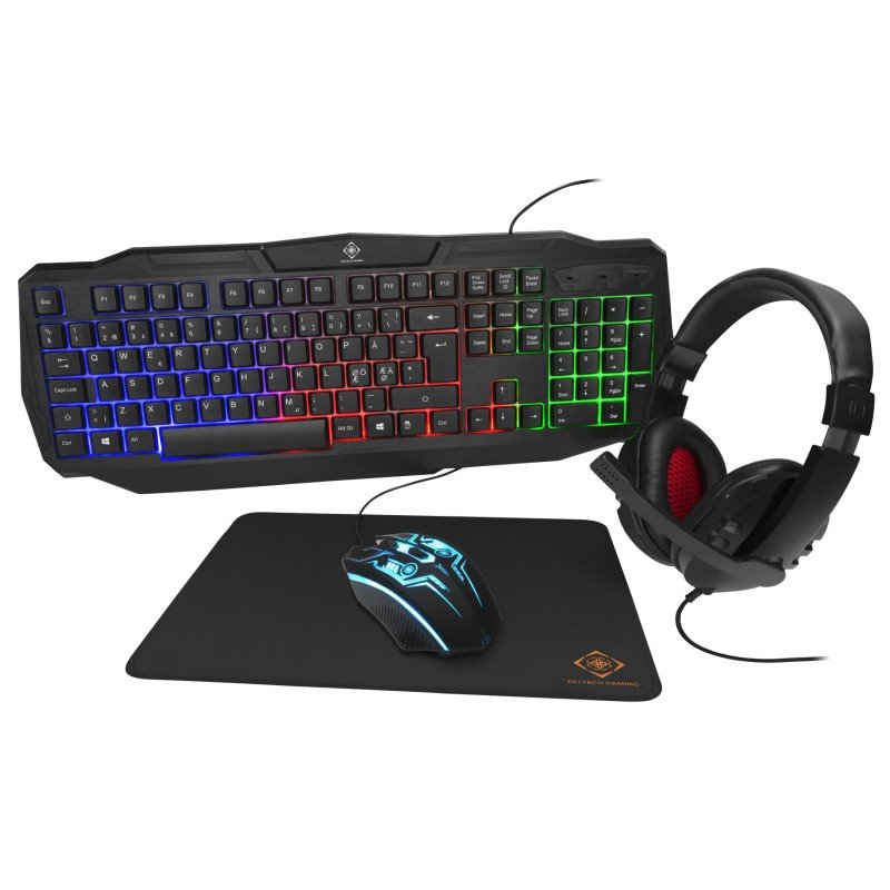 Pakke med gamingtastatur og mus - Deltaco gaming-sæt med RGB-tastatur, mus, headset og musemåtte