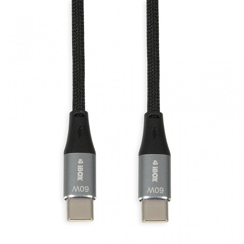 USB-C-kabel - iBox 2 meter USB-C til USB-C opladnings- og synkroniseringskabel op til 60W, sort