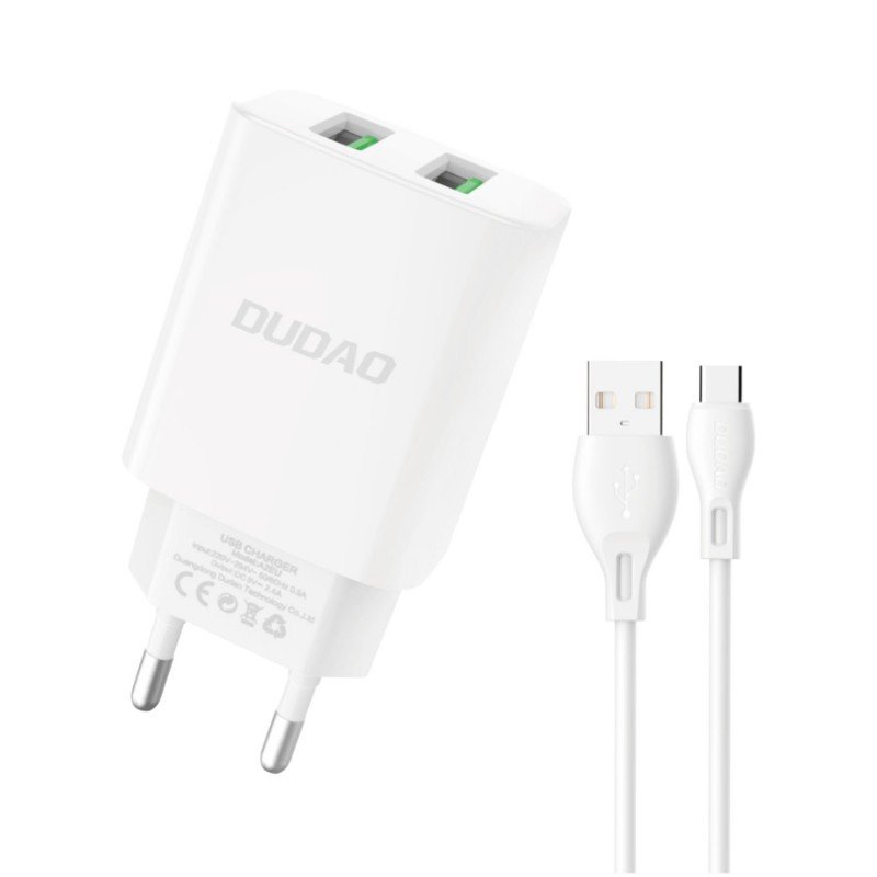 Vægladere til mobiltelefon - Dudao AC adapter vægoplader med 2 USB og 1m USB til USB-C kabel