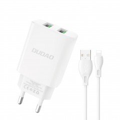 Vægladere til mobiltelefon - Dudao AC adapter vægoplader med 2 USB og 1m USB til Lightning-kabel
