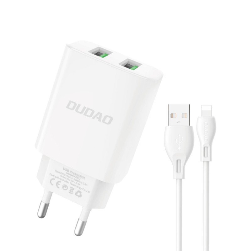 Vægladere til mobiltelefon - Dudao AC adapter vægoplader med 2 USB og 1m USB til Lightning-kabel