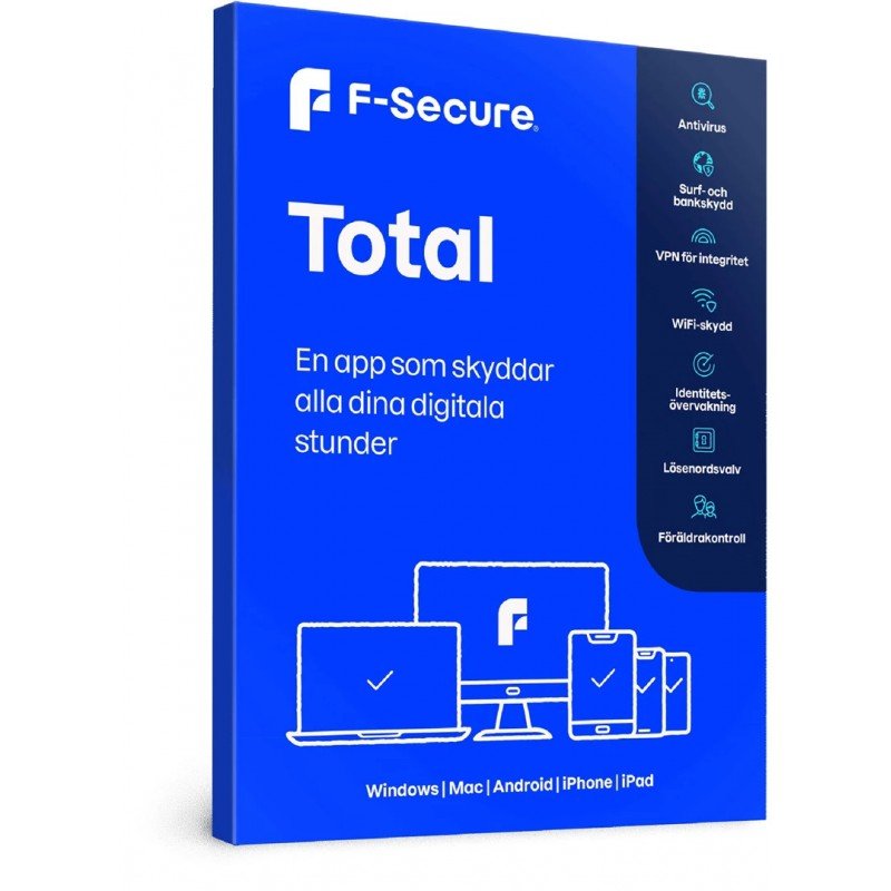 Antivirus - F-Secure Total (Internetsikkerhed + VPN + ID-beskyttelse) 5 licenser til Windows, Mac, iPhone, Android, iPad
